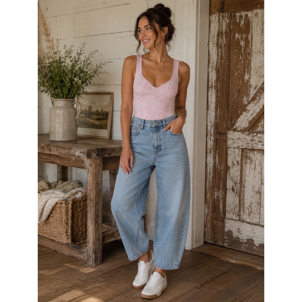 Intimately Free People Pink Floral Marble Seamless Ribbed V-Neck Bodysuit XS/S